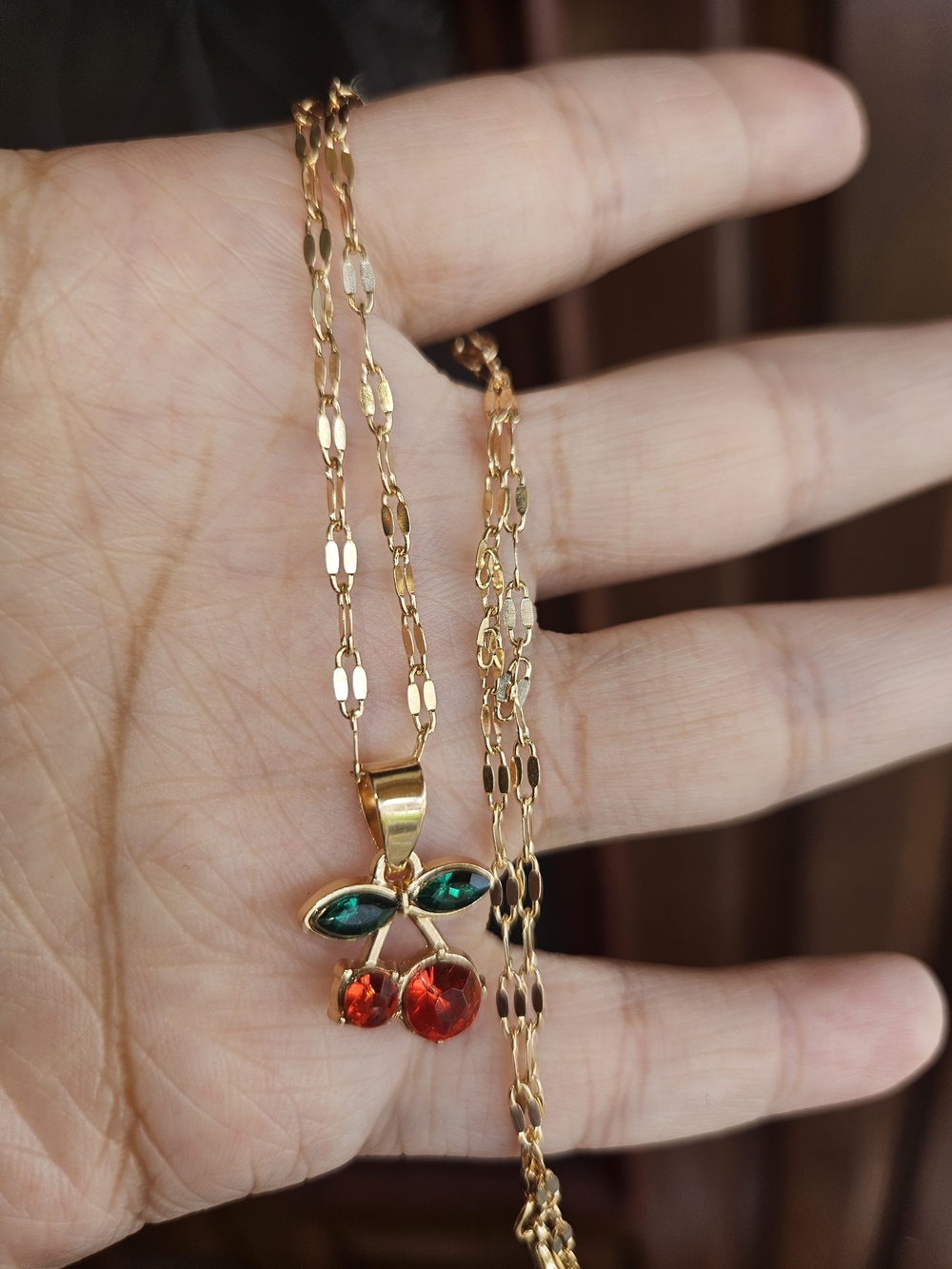 Gold Plated Cherry Pendant Necklace with Red and Green Stones